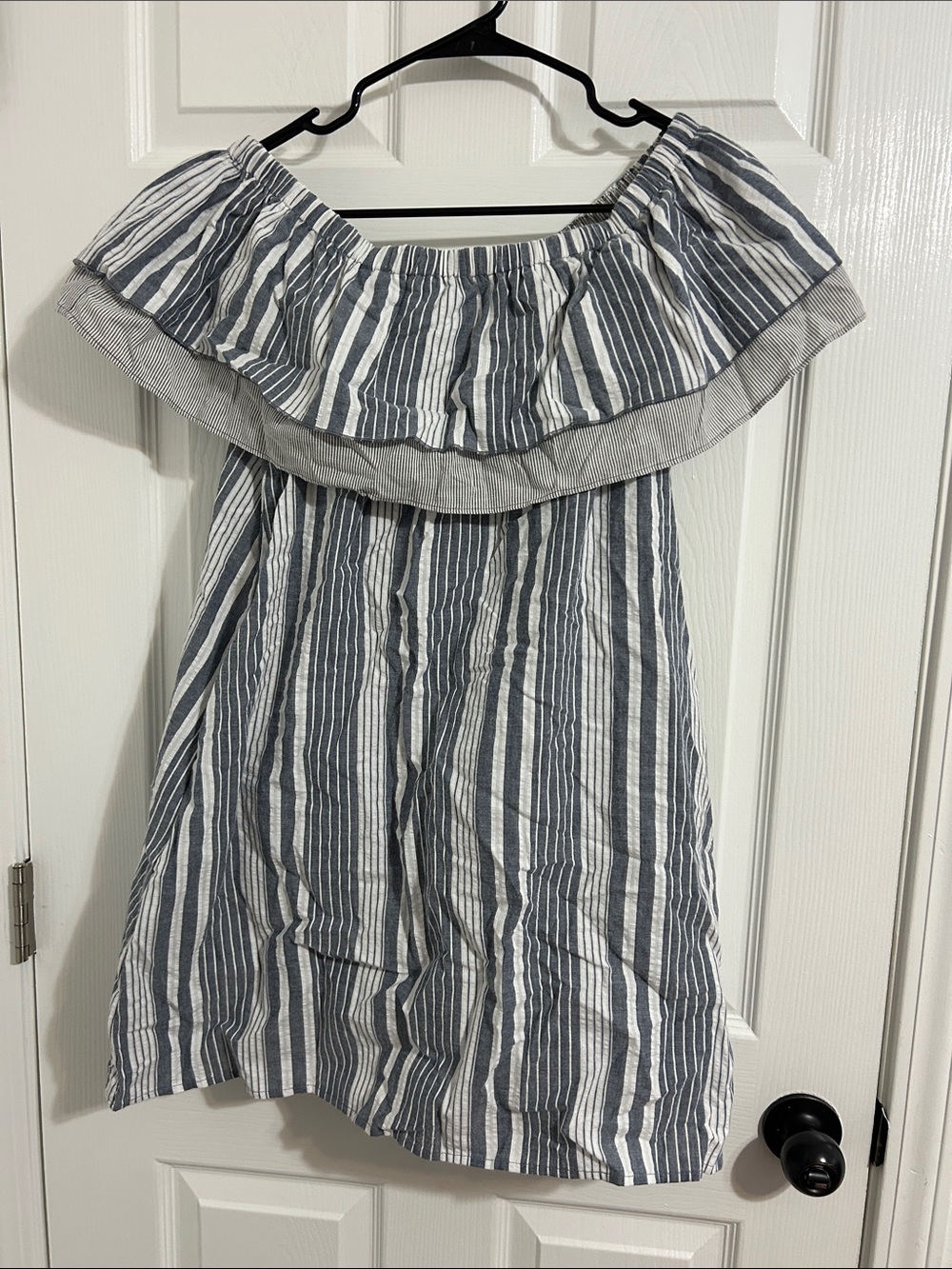 Umgee Blue and White Striped Off-Shoulder Mini Dress